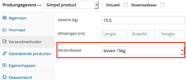 Verzendklasse selecteren bij een product