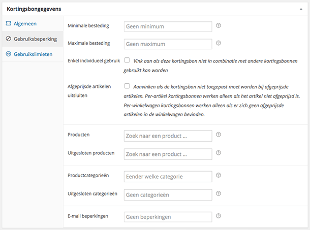 Kortingsbongegevens gebruiksbeperking