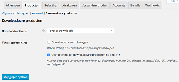 Downloadbare producten instellingen