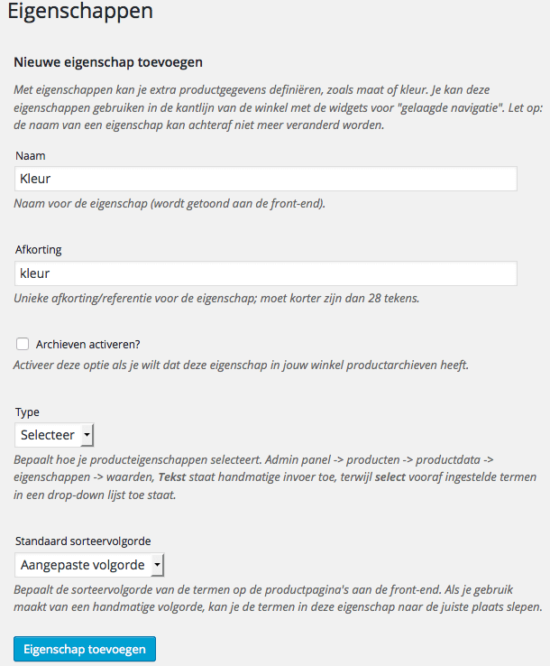 Eigenschap maken in WooCommerce