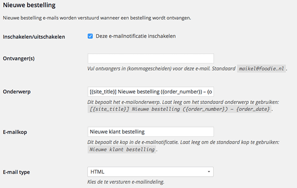 Nieuwe bestelling mail WooCommerce