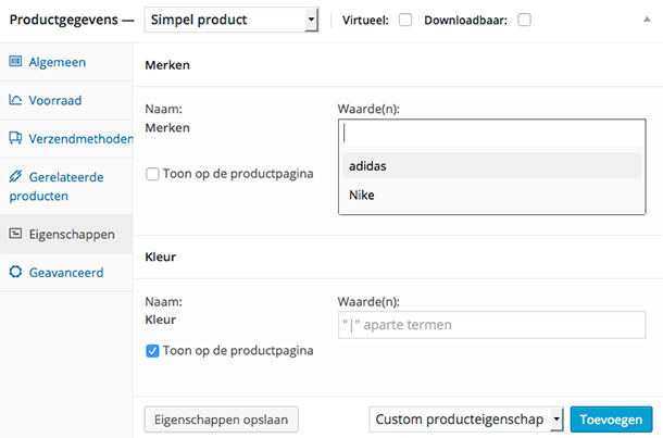 Termen eigenschappen selecteren in WooCommerce