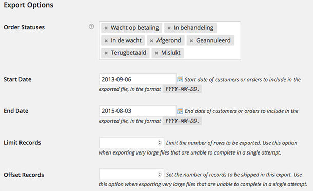 WooCommerce export opties