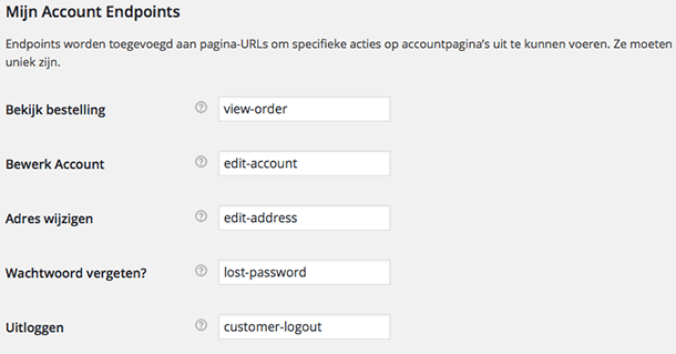 Mijn account endpoints in WooCommerce
